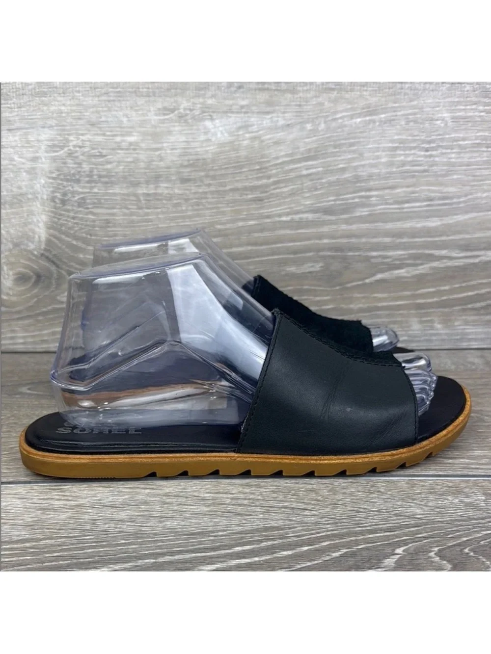 Sorel Black Slide Leather Sandals with Tan Sole